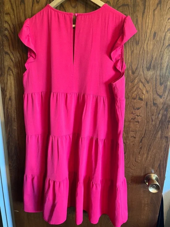Women's Bright Pink Tiered Casual Dress with Flutter Sleeves - Picture 5 of 8